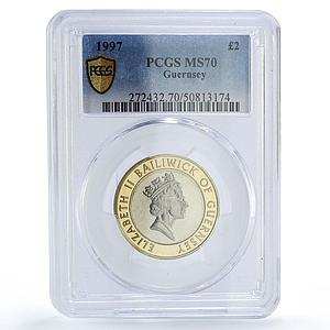 Guernsey 2 pounds Elizabeth II Third Portrait Cross MS70 PCGS bimetal coin 1997