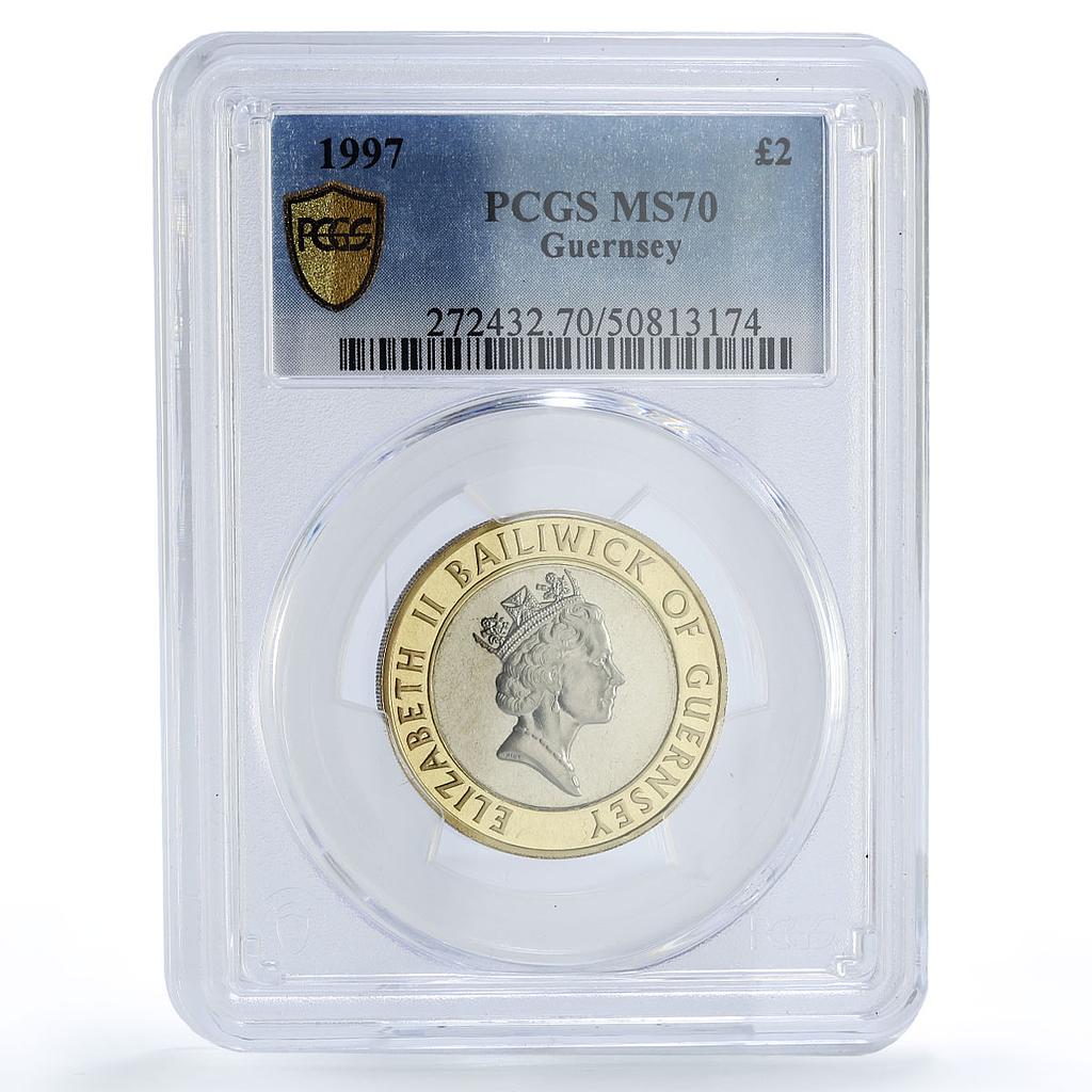 Guernsey 2 pounds Elizabeth II Third Portrait Cross MS70 PCGS bimetal coin 1997