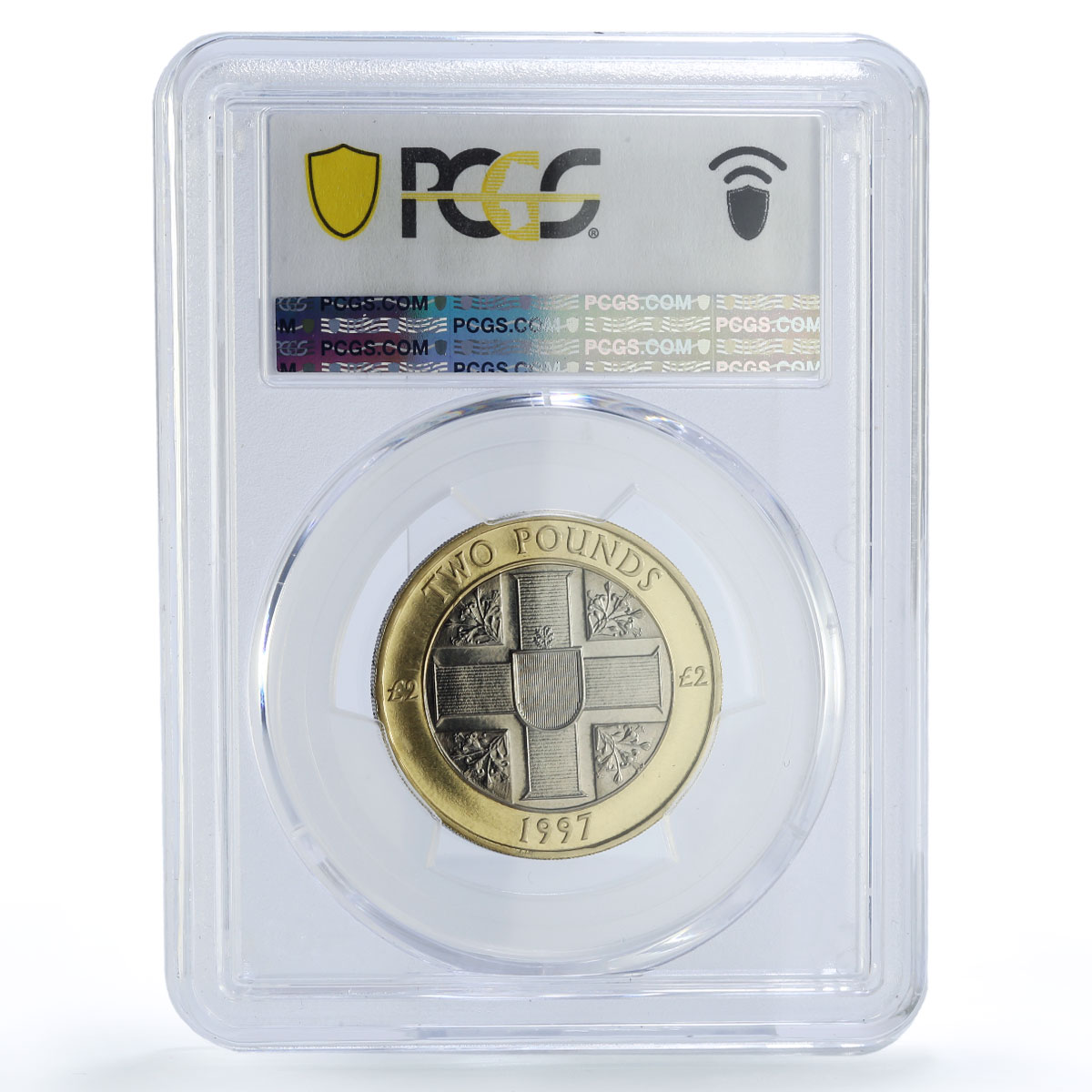 Guernsey 2 pounds Elizabeth II Third Portrait Cross MS70 PCGS bimetal coin 1997