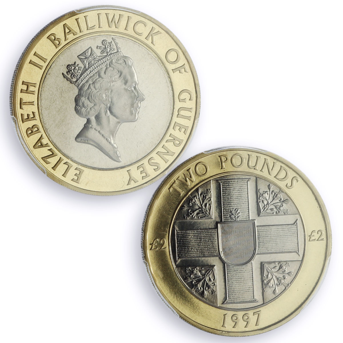 Guernsey 2 pounds Elizabeth II Third Portrait Cross MS70 PCGS bimetal coin 1997
