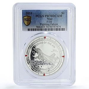 Niue 2 dollars Air Legends F 16 Falcon Plane Aviation PR70 PCGS silver coin 2011