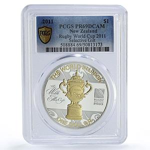 New Zealand 1 dollar Webb Ellis Rugby Cup Trophy Gilt PR69 PCGS silver coin 2011