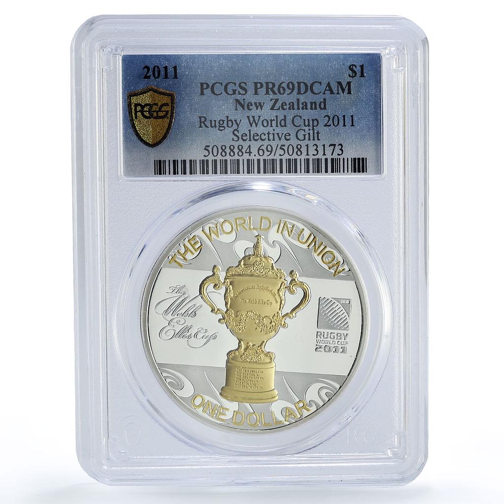 New Zealand 1 dollar Webb Ellis Rugby Cup Trophy Gilt PR69 PCGS silver coin 2011