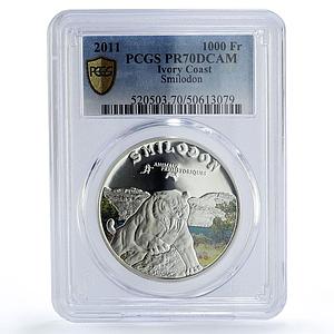 Ivory Coast 1000 francs Prehistoric Animals Smilodon Tiger PR70 PCGS coin 2011