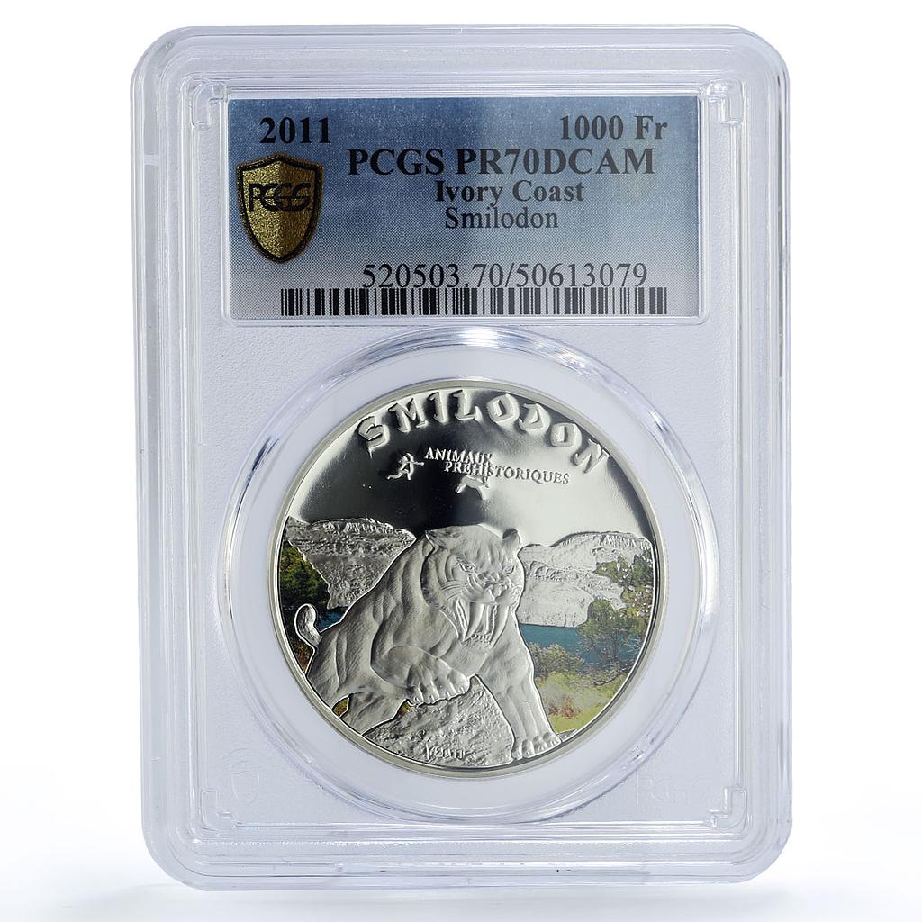 Ivory Coast 1000 francs Prehistoric Animals Smilodon Tiger PR70 PCGS coin 2011