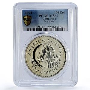 Costa Rica 100 colones Conservation Manatee Fauna MS67 PCGS silver coin 1974