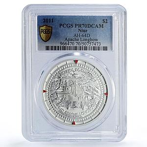 Niue 2 dollars Air Legends Apache Helicopter Aviation PR70 PCGS silver coin 2011