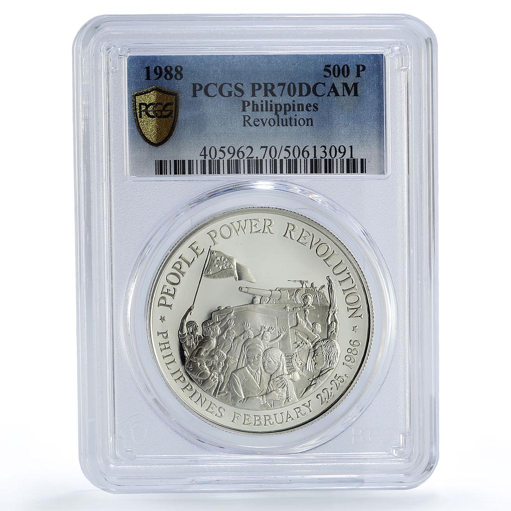 Philippines 500 piso People Power Revolution Tank PR70 PCGS silver coin 1988