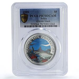 Palau 5 dollars Marine Life Protection Shark Fauna PR70 PCGS silver coin 1999