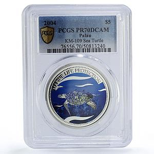 Palau 5 dollars Marine Life Protection Turtle Fauna PR70 PCGS silver coin 2004