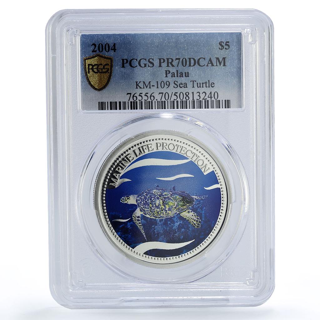 Palau 5 dollars Marine Life Protection Turtle Fauna PR70 PCGS silver coin 2004