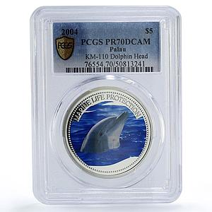 Palau 5 dollars Marine Life Protection Dolphin Fauna PR70 PCGS silver coin 2004