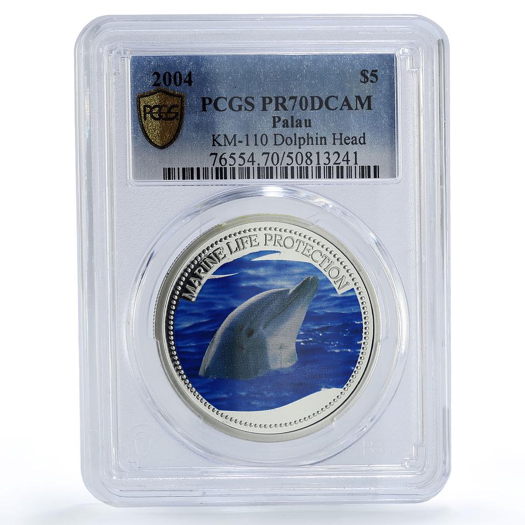 Palau 5 dollars Marine Life Protection Dolphin Fauna PR70 PCGS silver coin 2004