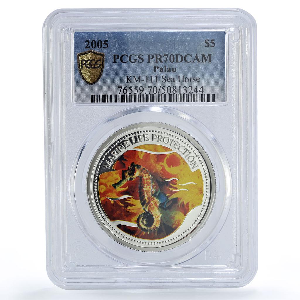 Palau 5 dollars Marine Life Protection Seahorse Fauna PR70 PCGS silver coin 2005