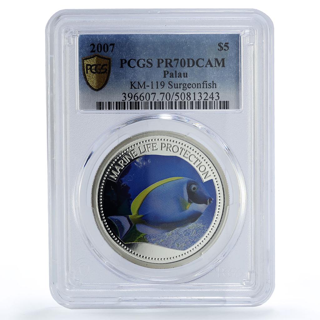 Palau 5 dollars Marine Life Protection Surgeonfish PR70 PCGS silver coin 2007