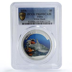Palau 5 dollars Marine Life Protection White Shark PR69 PCGS silver coin 2008