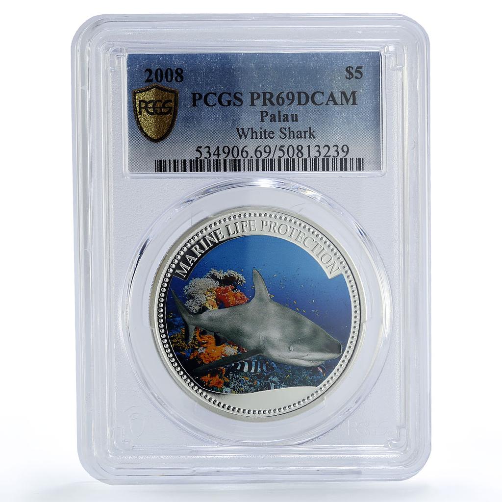 Palau 5 dollars Marine Life Protection White Shark PR69 PCGS silver coin 2008