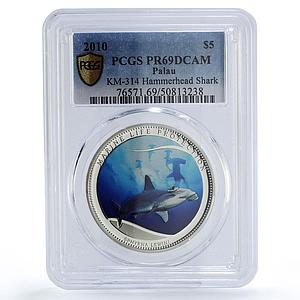 Palau 5 dollars Marine Life Protection Hammerhead Shark PR69 PCGS Ag coin 2010