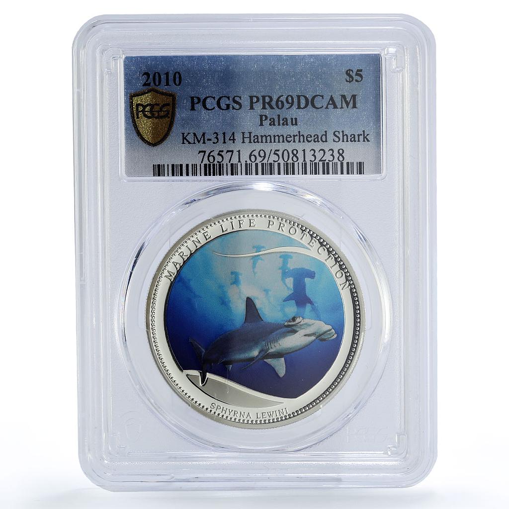 Palau 5 dollars Marine Life Protection Hammerhead Shark PR69 PCGS Ag coin 2010