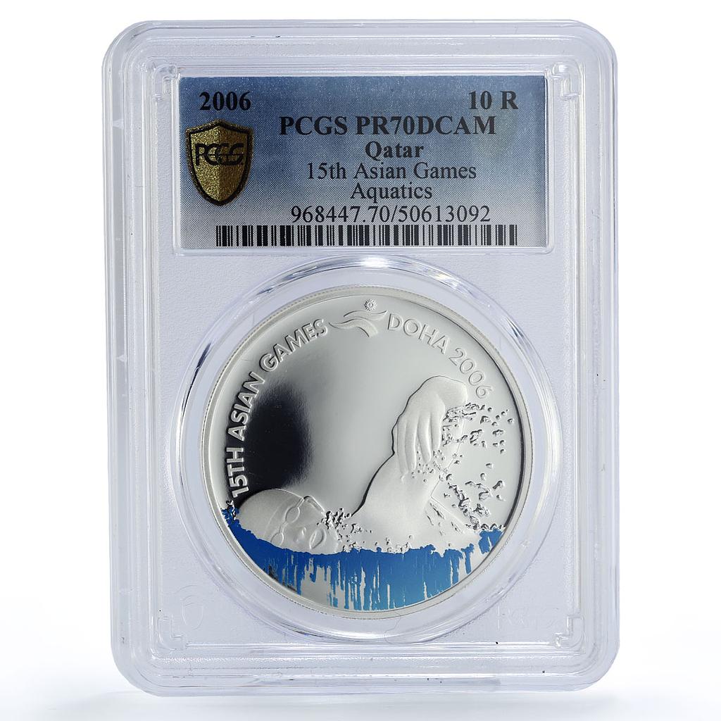 Qatar 10 riyals 15th Asian Games Aquatics Colored PR70 PCGS silver coin 2006