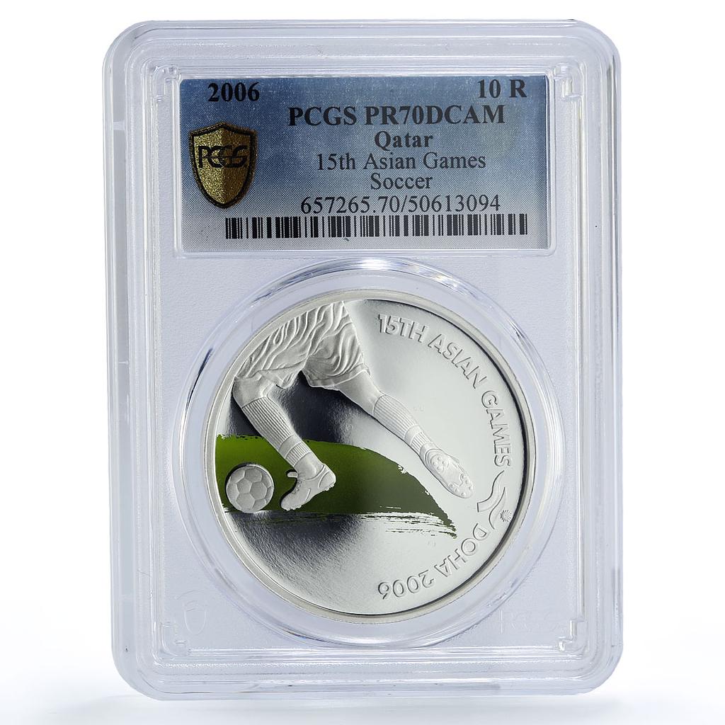 Qatar 10 riyals 15th Asian Games Soccer Football PR70 PCGS silver coin 2006