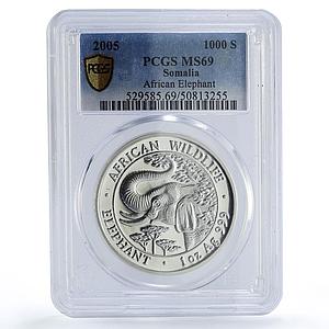 Somalia 1000 shillings African Wildlife Elephant MS69 PCGS silver coin 2005