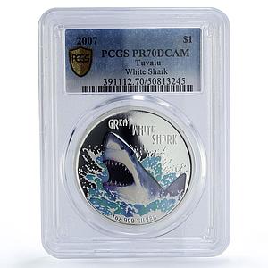Tuvalu 1 dollar Deadly Dangerous White Shark Fauna PR70 PCGS silver coin 2007