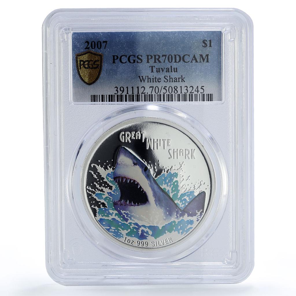 Tuvalu 1 dollar Deadly Dangerous White Shark Fauna PR70 PCGS silver coin 2007