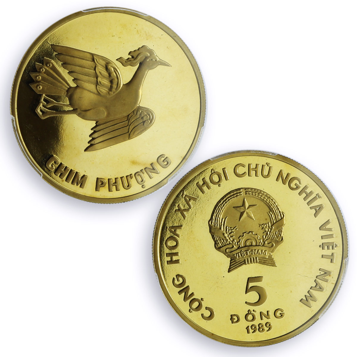 Vietnam 5 dong Ho Chi Minh Centennial Phoenix Bird PR68 PCGS brass coin 1989