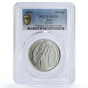 Laos 10 kip Barcelona Olympic Games Cycling Cyclist MS70 PCGS CuNi coin 1991