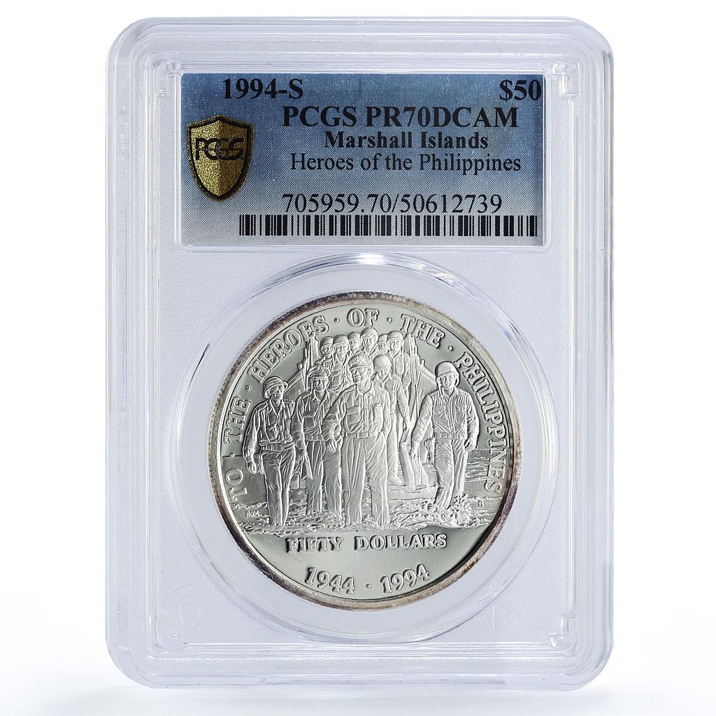 Marshall Islands 50 dollars Philippines Heroes McArthur PR70 PCGS Ag coin 1994