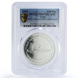 Qatar 250 riyals WTO Doha Conference Politics PR67 PCGS silver coin 2001