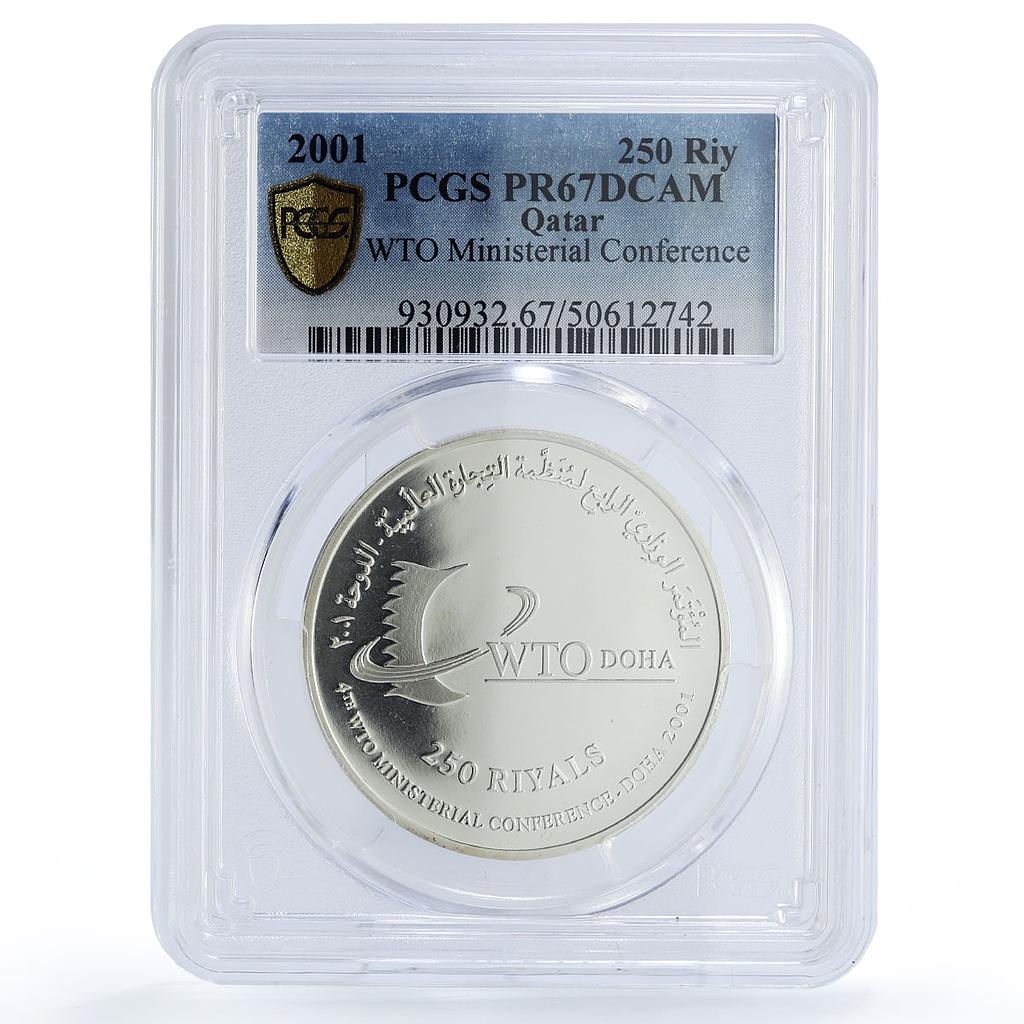 Qatar 250 riyals WTO Doha Conference Politics PR67 PCGS silver coin 2001