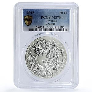 Rwanda 50 francs African Ounce Wildlife Cheetah Fauna MS70 PCGS silver coin 2013
