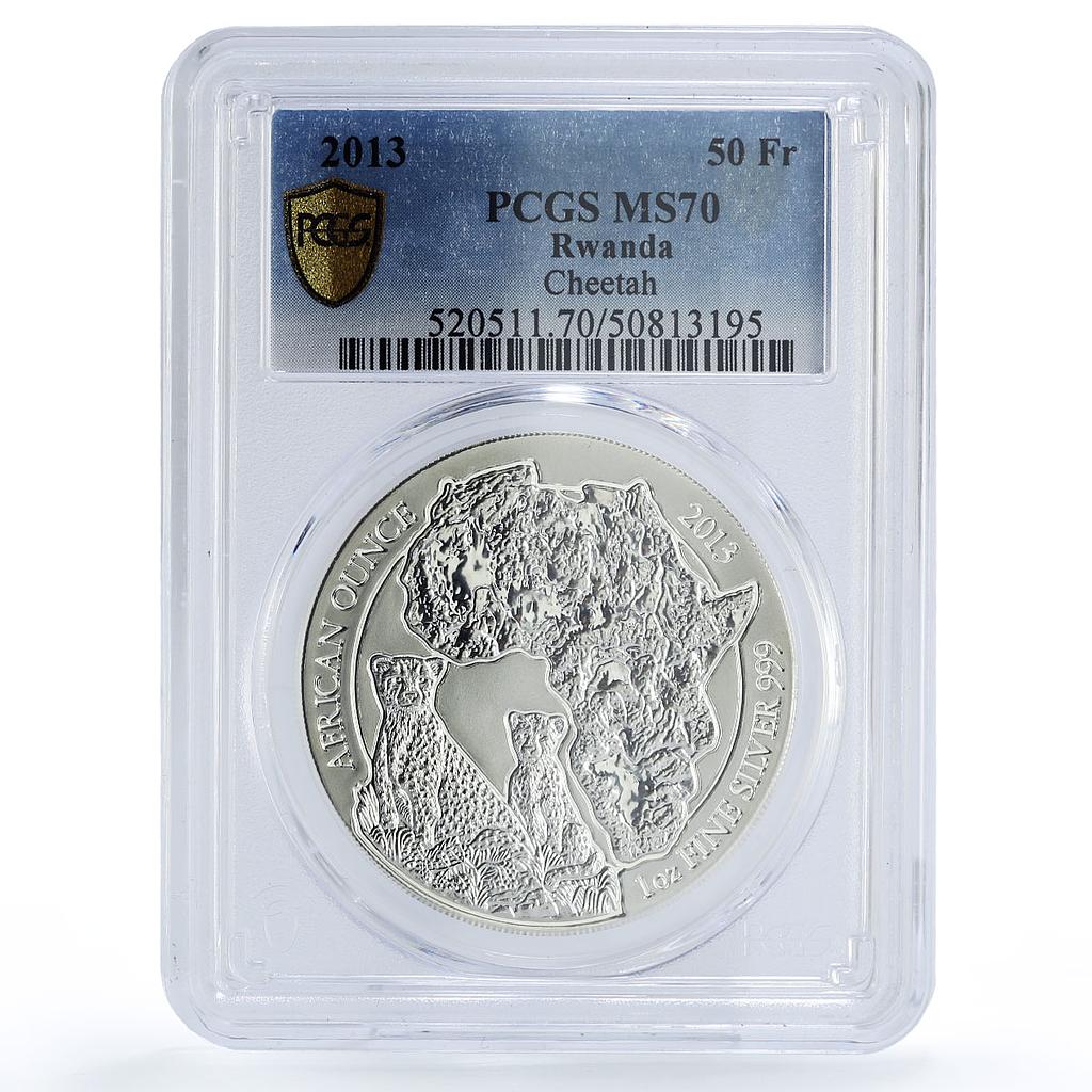 Rwanda 50 francs African Ounce Wildlife Cheetah Fauna MS70 PCGS silver coin 2013