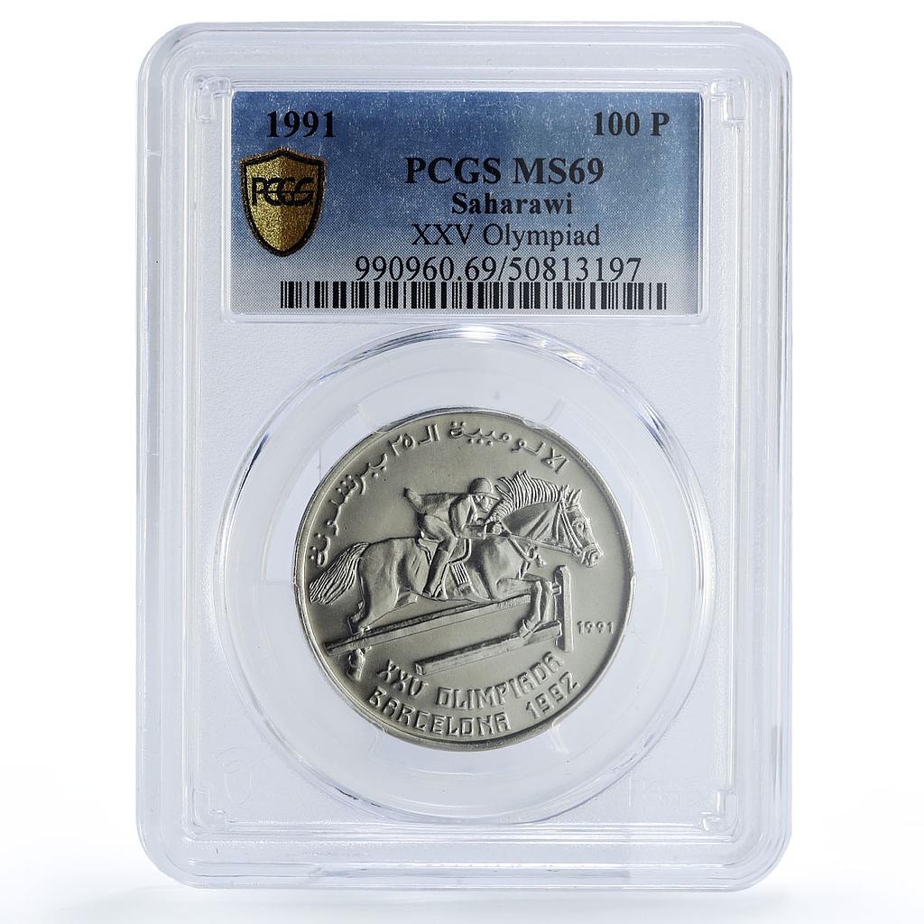Saharawi 100 pesetas Barcelona Olympic Games Equestrian MS69 PCGS coin 1991