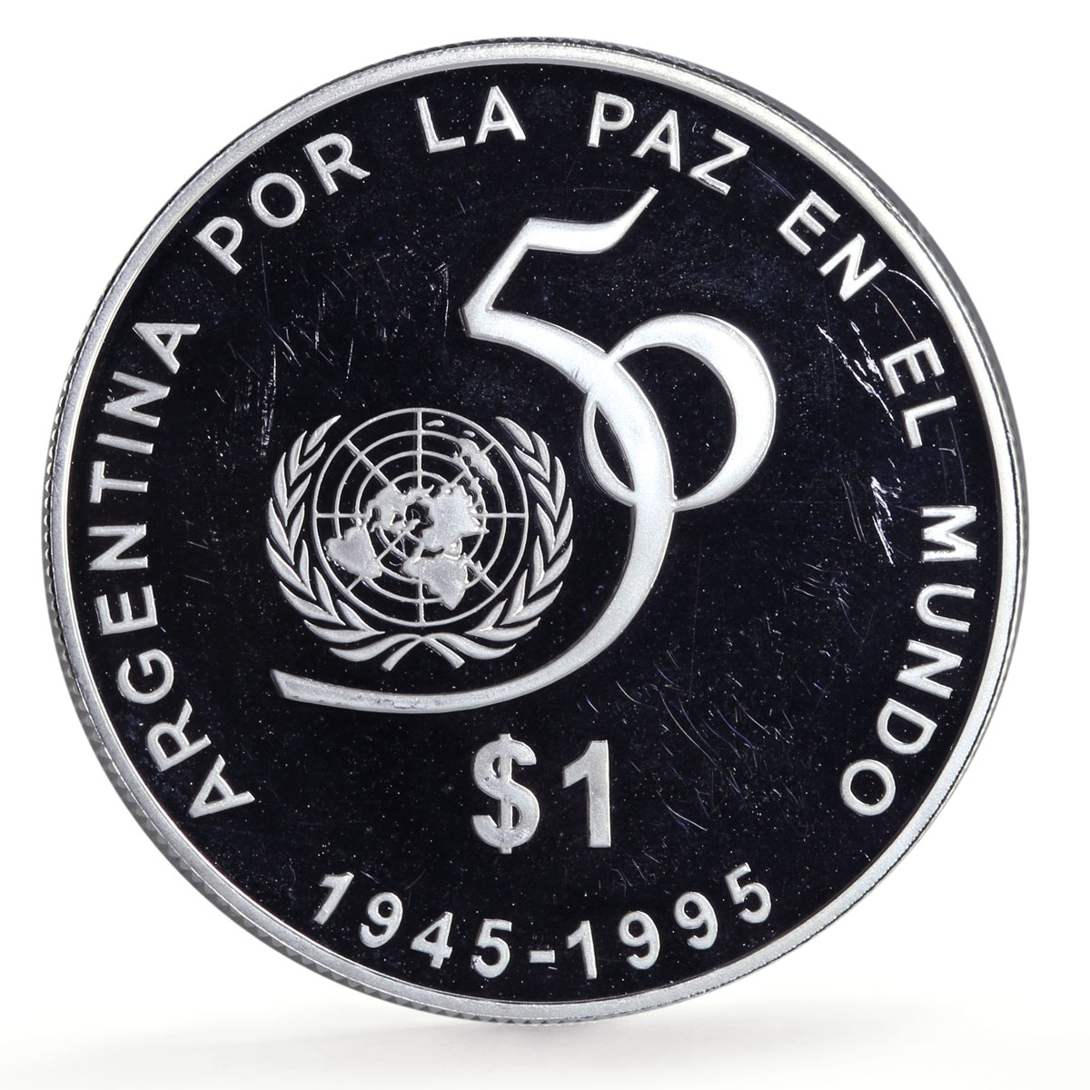 Argentina 1 peso United Nations UN Logo 50th Anniversary proof silver coin 1995