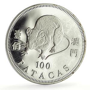 China Macau 100 patacas Lunar Calendar Year of the Rat Mouse silver coin 1996