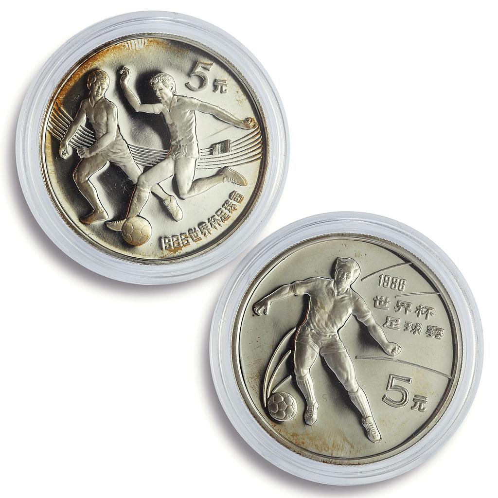 China 5 yuan x 2 Set Football World Cup in Mexico Players proof silver coin 1986