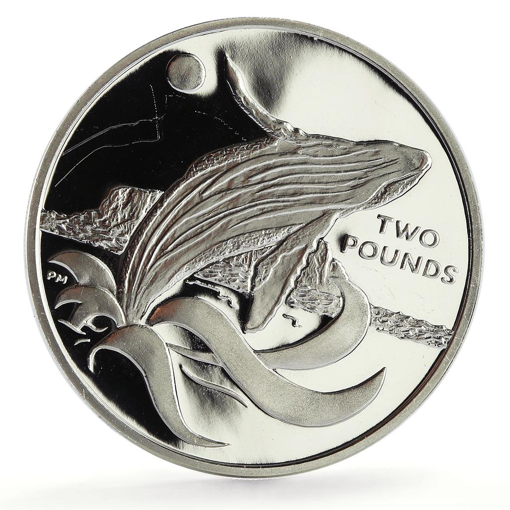 Sandwich Islands 2 pounds Marine Life Humpback Whale proof silver coin 2015