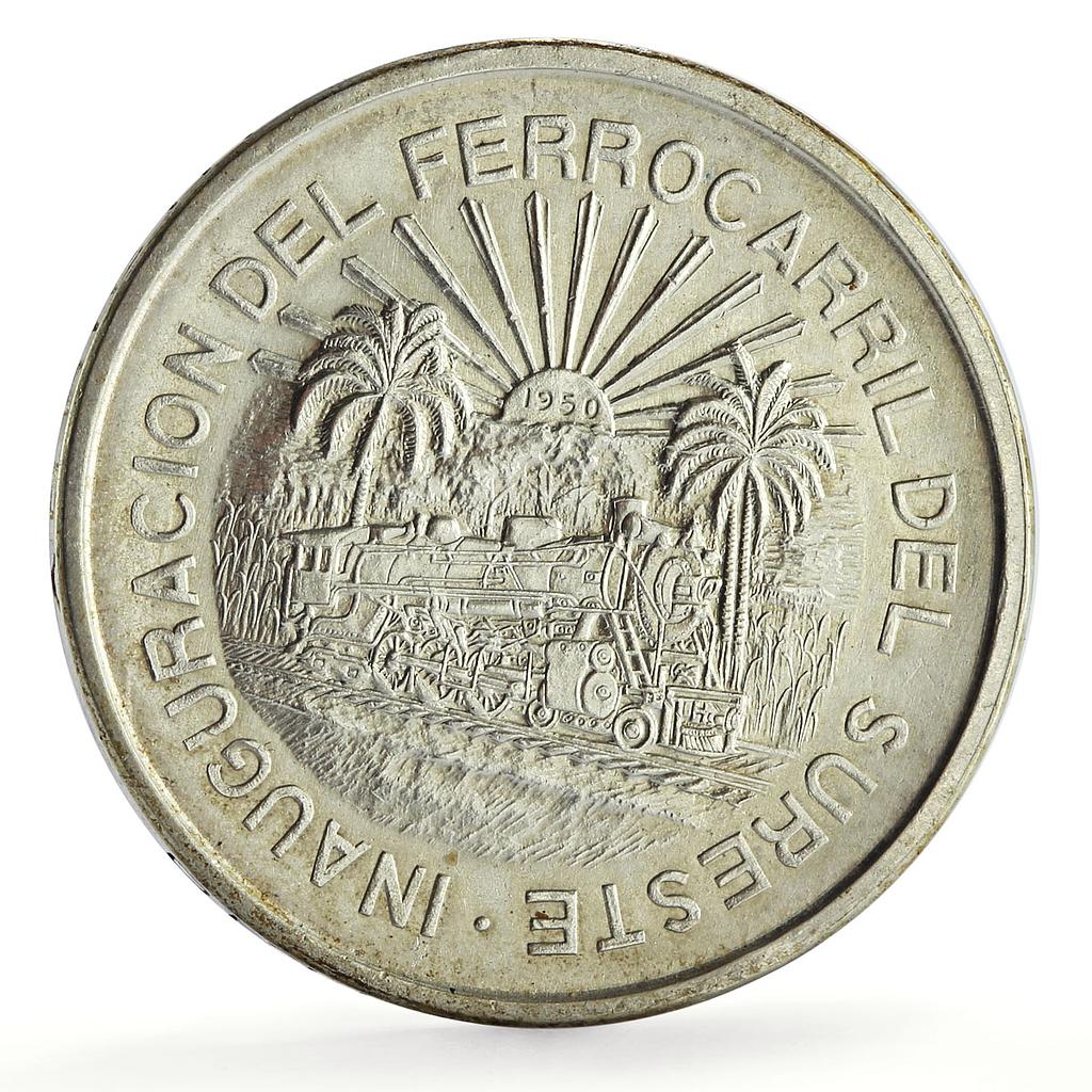 Mexico 5 pesos Southeastern Railroad Railway Opening Train silver coin 1950