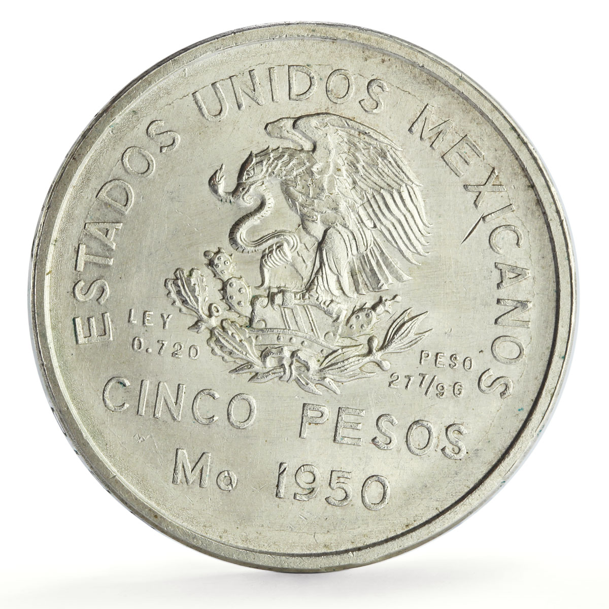 Mexico 5 pesos Southeastern Railroad Railway Opening Train silver coin 1950