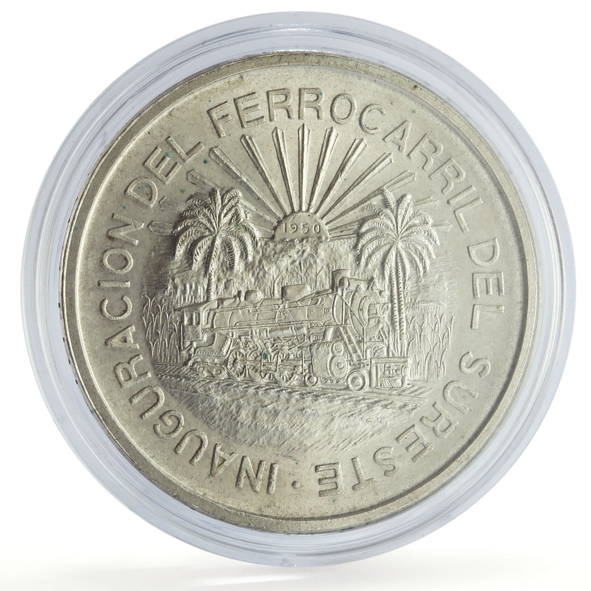 Mexico 5 pesos Southeastern Railroad Railway Opening Train silver coin 1950
