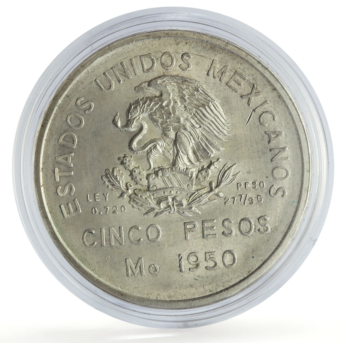 Mexico 5 pesos Southeastern Railroad Railway Opening Train silver coin 1950