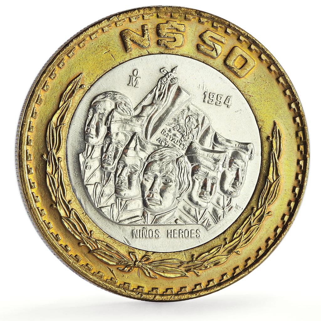 Mexico 50 pesos Revolution Nine Ninos Heroes Politics bimetal coin 1994
