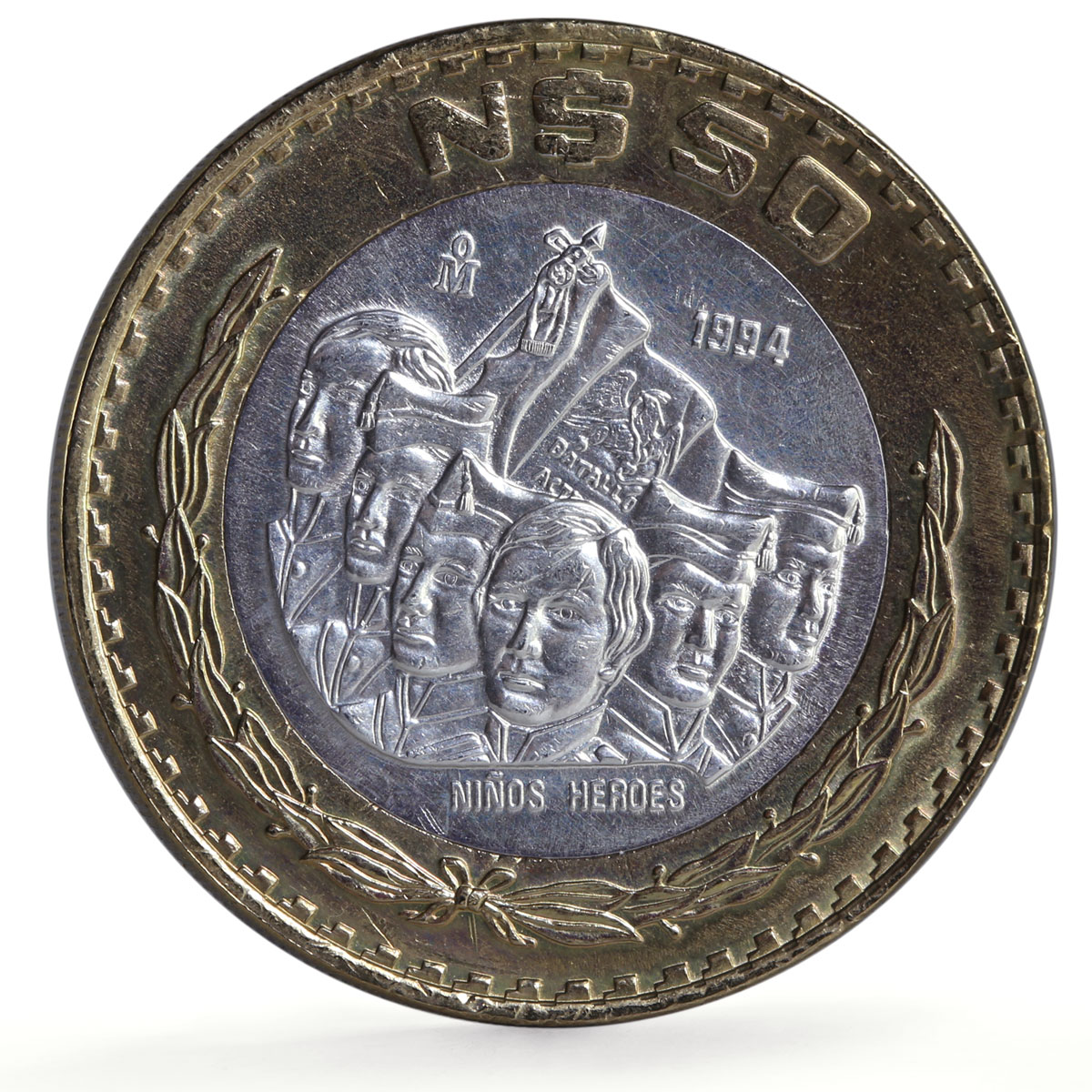 Mexico 50 pesos Revolution Nine Ninos Heroes Politics bimetal coin 1994