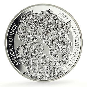 Rwanda 50 francs African Ounce Wildlife Elephants Fauna proof silver coin 2009
