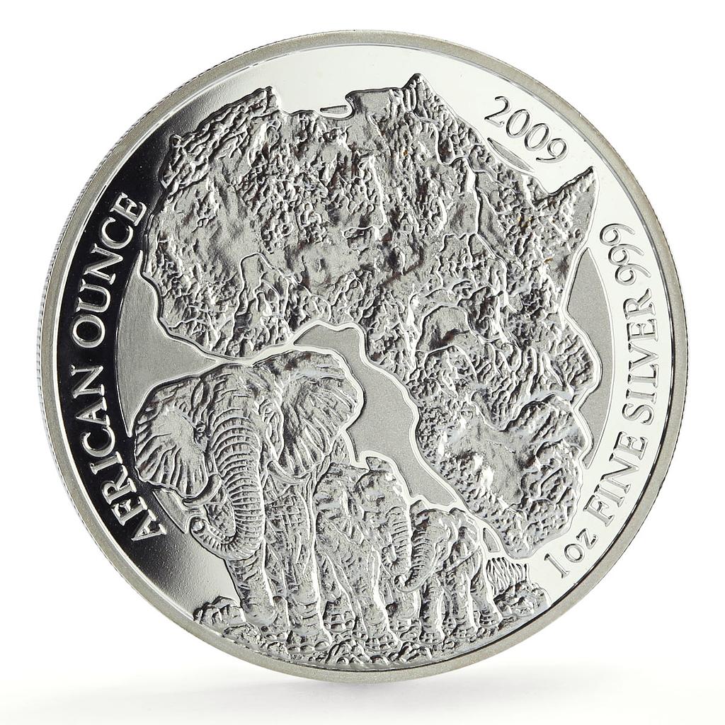 Rwanda 50 francs African Ounce Wildlife Elephants Fauna proof silver coin 2009