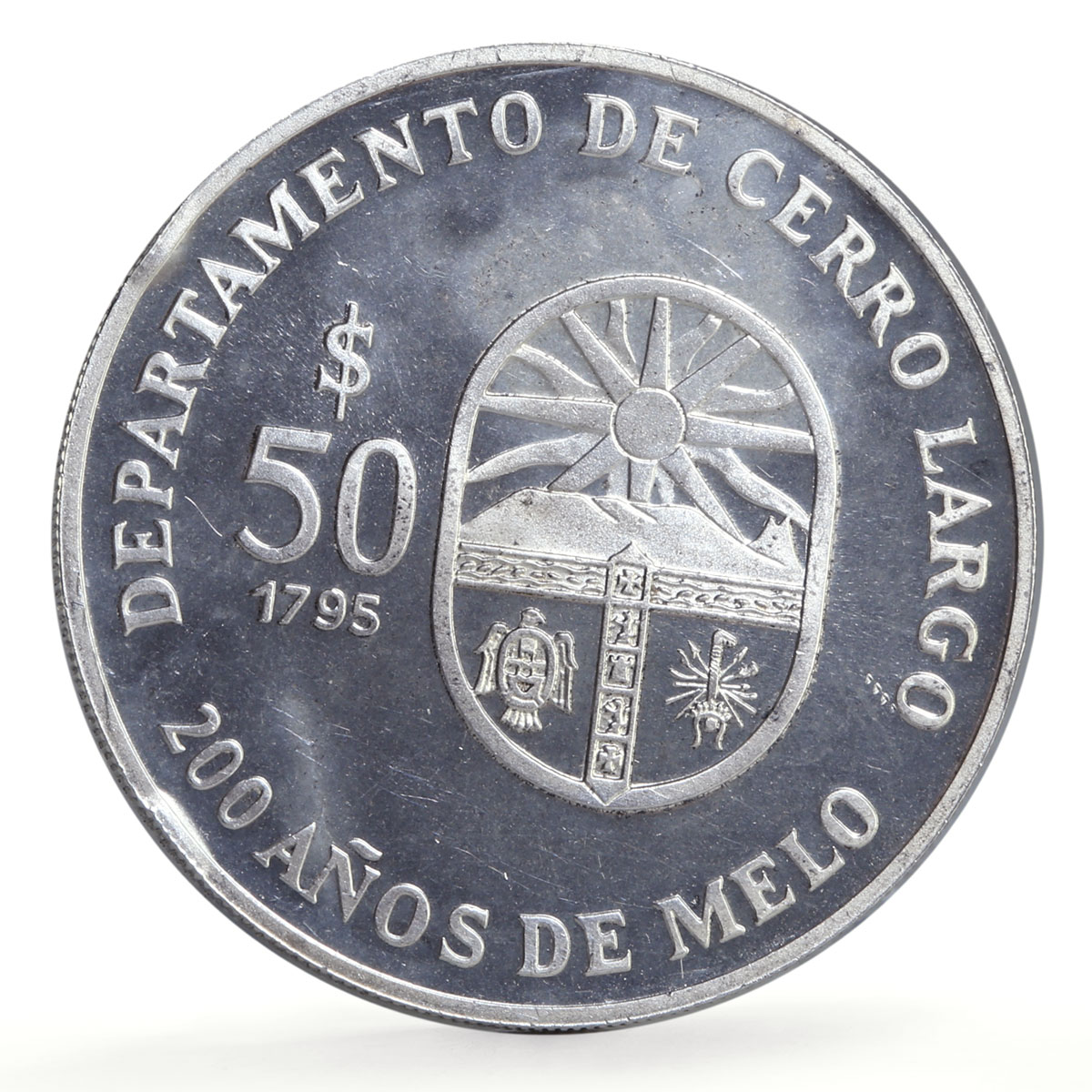 Uruguay 50 pesos Melo City 200th Anniversary Carro Largo proof silver coin 1996