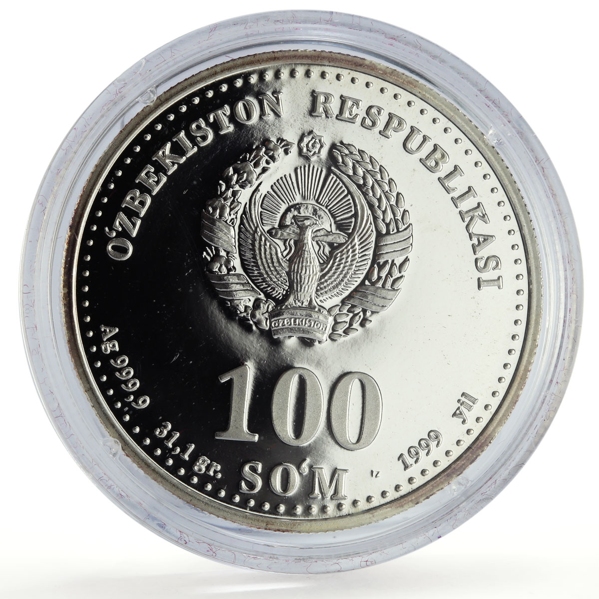 Uzbekistan 100 som Great Ancestors Scientist Al Biruni proof silver coin 1999